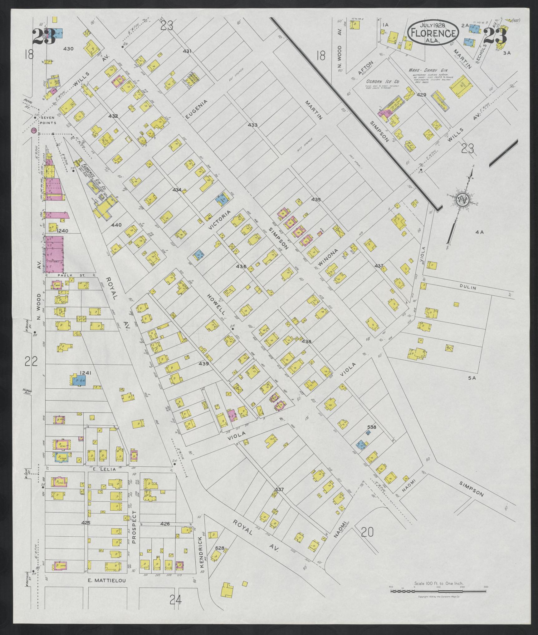 Sanborn Fire Insurance Map from Florence, Lauderdale County, Alabama (1928), Sheet #0023 - Historic Sanborn Fire Insurance Map Print, vintage old map wall art, antique decor, genealogy gift, Alabama Alabama map