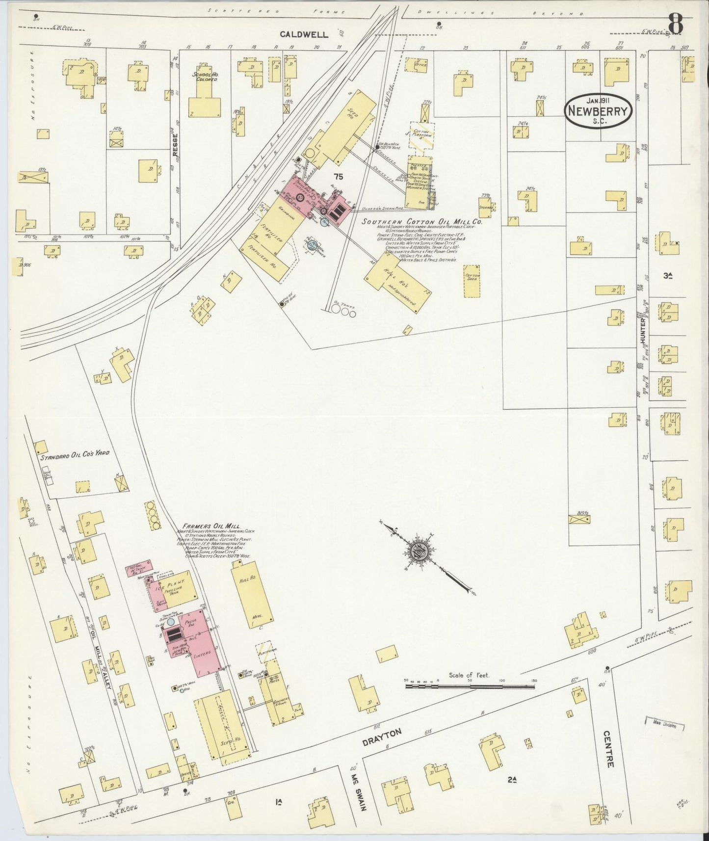 Sanborn Fire Insurance Map from Newberry, Newberry County, South Carolina (1911), Sheet #0008 - Historic Sanborn Fire Insurance Map Print, vintage old map wall art, antique decor, genealogy gift, South Carolina South Carolina map