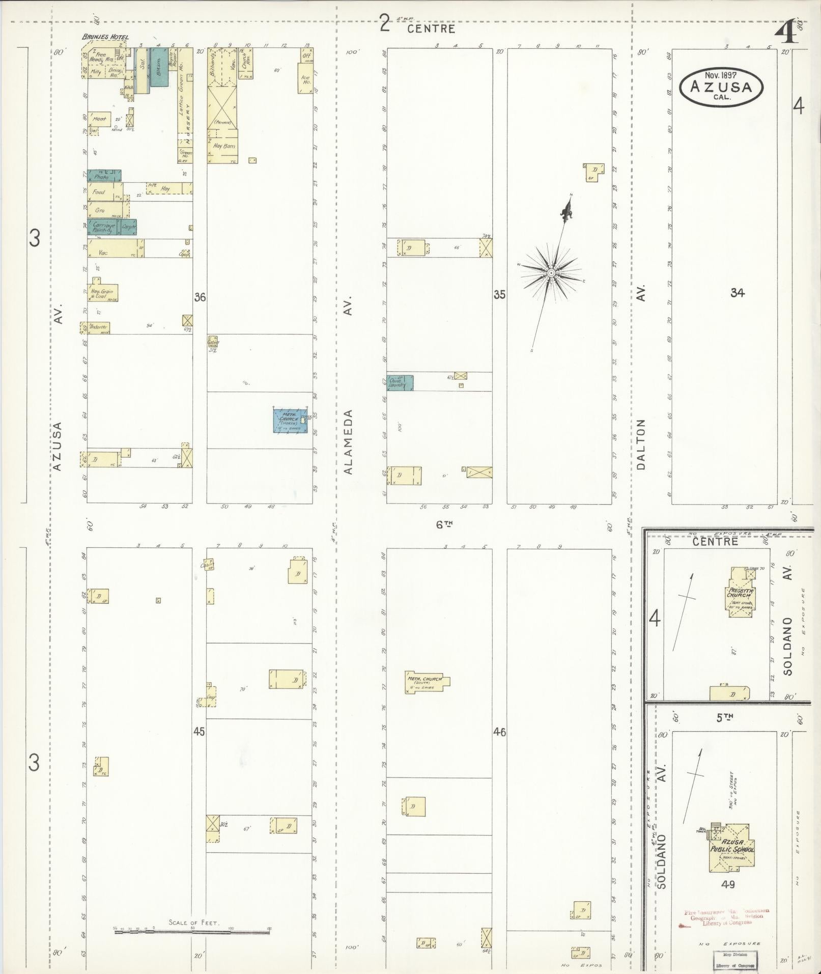Sanborn Fire Insurance Map from Azusa, Los Angeles County, California (1897), Sheet #0004 - Historic Sanborn Fire Insurance Map Print, vintage old map wall art, antique decor, genealogy gift, California California map