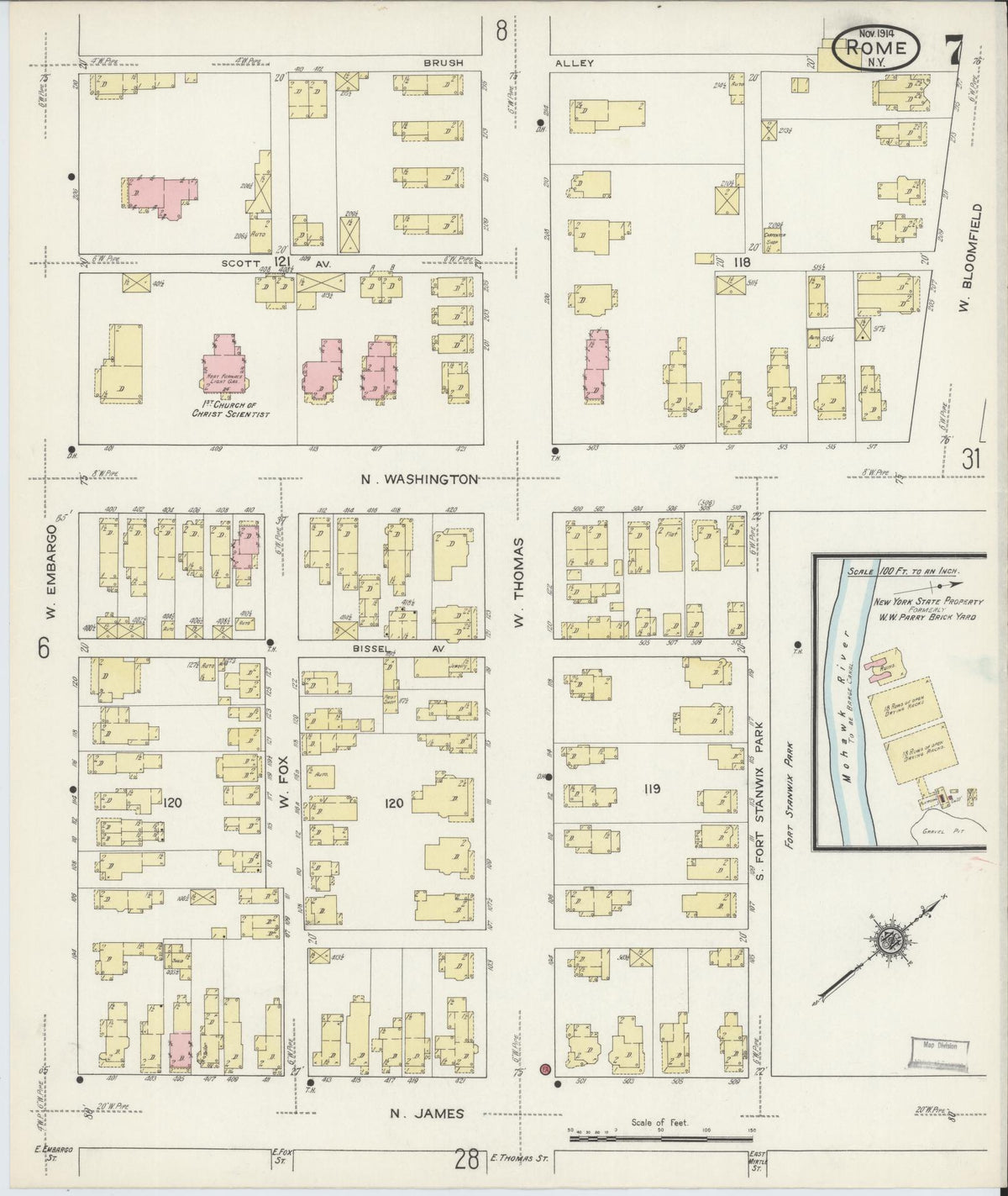 Sanborn Fire Insurance Map from Rome, Oneida County, New York (1914), Sheet #0007 - Historic Sanborn Fire Insurance Map Print, vintage old map wall art, antique decor, genealogy gift, New York New York map