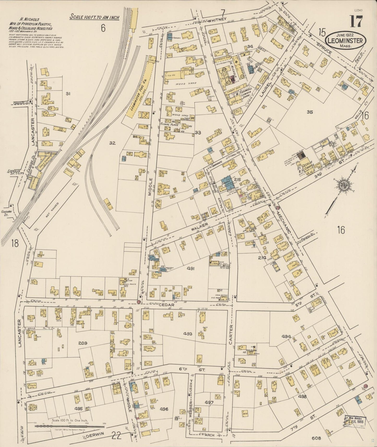 Sanborn Fire Insurance Map from Leominster, Worcester County, Massachusetts (1922), Sheet #0017 - Historic Sanborn Fire Insurance Map Print, vintage old map wall art, antique decor, genealogy gift, Massachusetts Massachusetts map