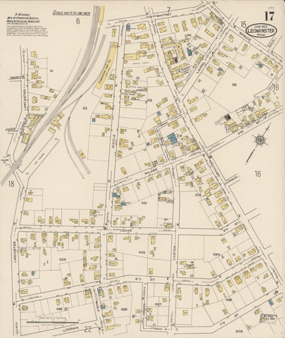 Sanborn Fire Insurance Map from Leominster, Worcester County, Massachusetts (1922), Sheet #0017 - Historic Sanborn Fire Insurance Map Print, vintage old map wall art, antique decor, genealogy gift, Massachusetts Massachusetts map