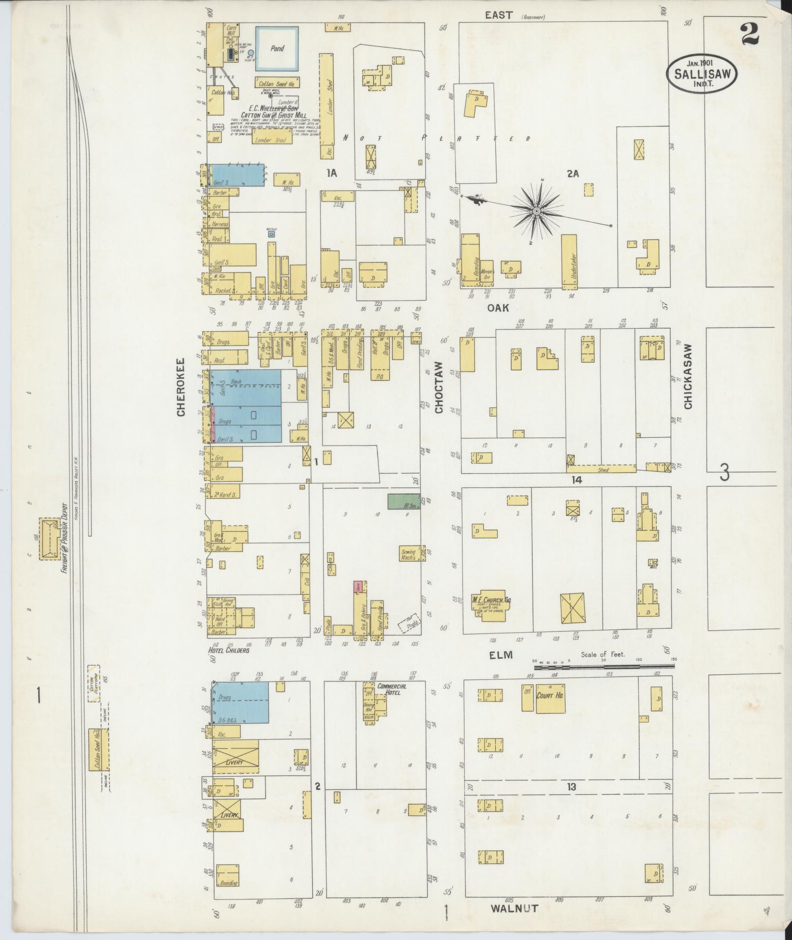 Sanborn Fire Insurance Map from Sallisaw, Sequoyah County, Oklahoma (1901), Sheet #0002 - Complete Map Set gallery image, historic Sanborn map, vintage wall art, Oklahoma Oklahoma