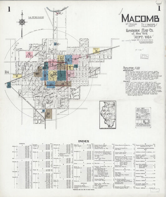Sanborn Fire Insurance Map from Macomb, Mcdonough County, Illinois (1924), Sheet #0001 - Historic Sanborn Fire Insurance Map Print, vintage old map wall art, antique decor, genealogy gift, Illinois Illinois map