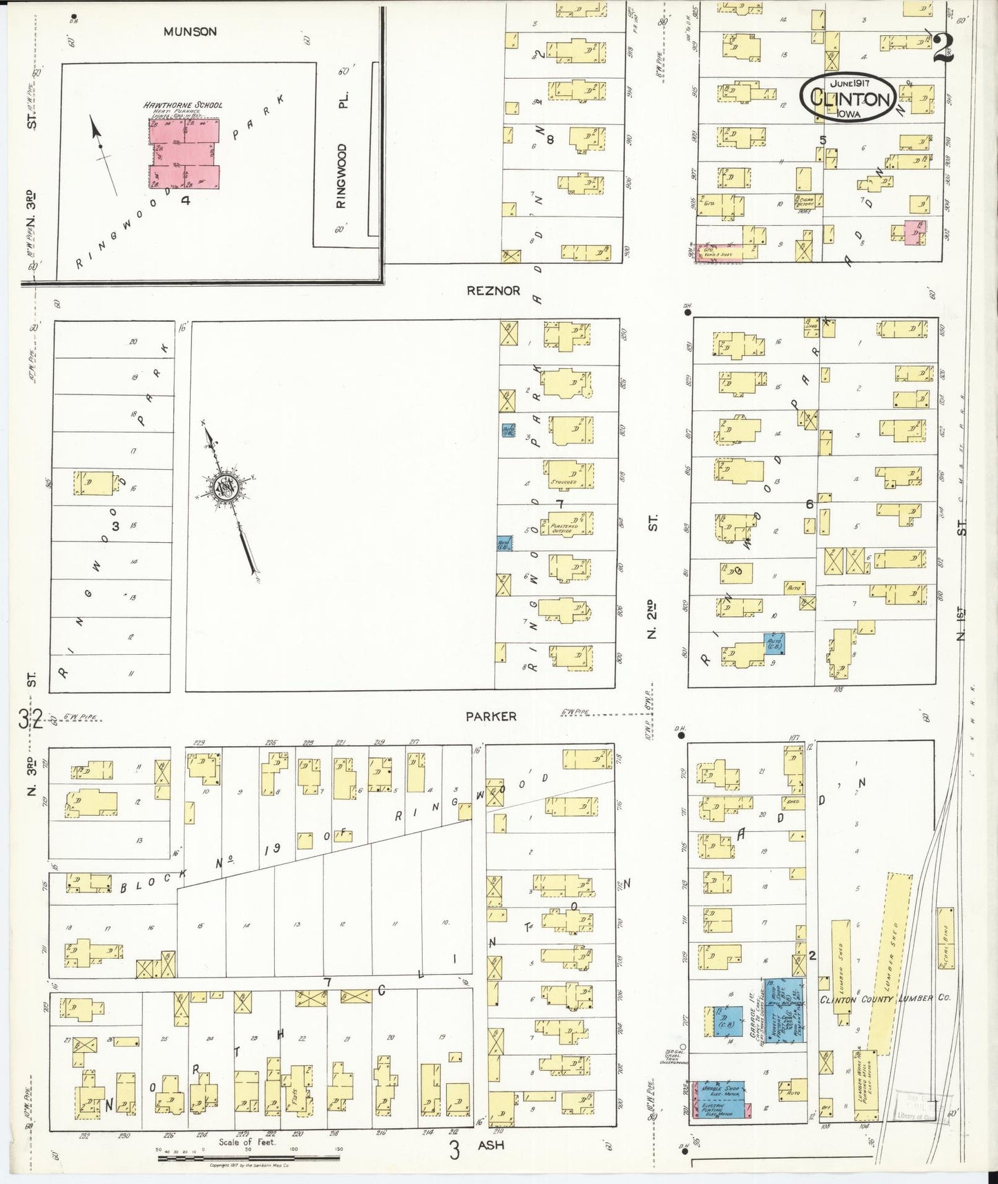 Sanborn Fire Insurance Map from Clinton, Clinton County, Iowa (1917), Sheet #0002 - Historic Sanborn Fire Insurance Map Print, vintage old map wall art