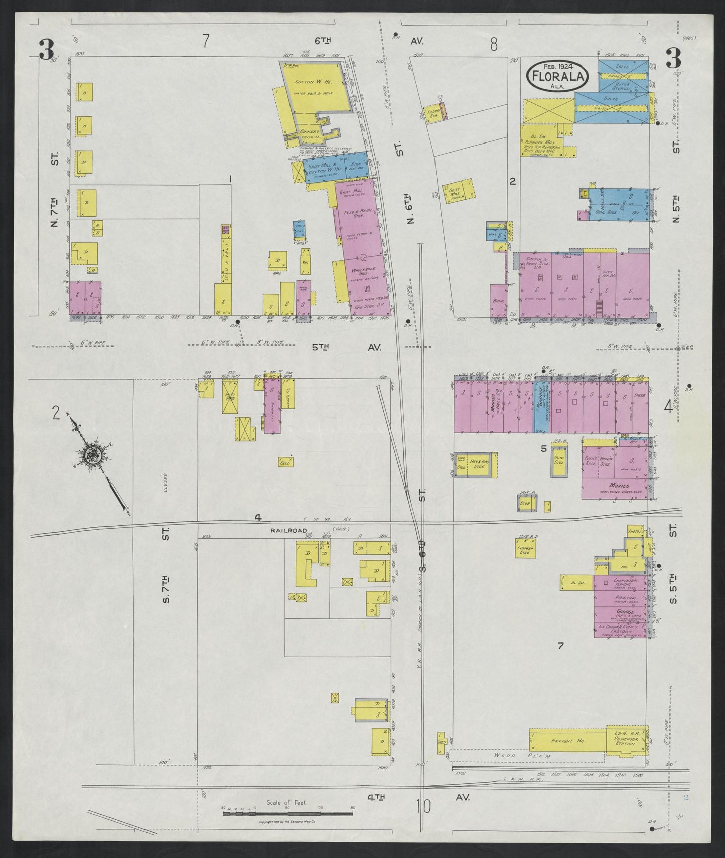 Sanborn Fire Insurance Map from Florala, Covington County, Alabama (1924), Sheet #0003 - Complete Map Set gallery image, historic Sanborn map, vintage wall art, Alabama Alabama