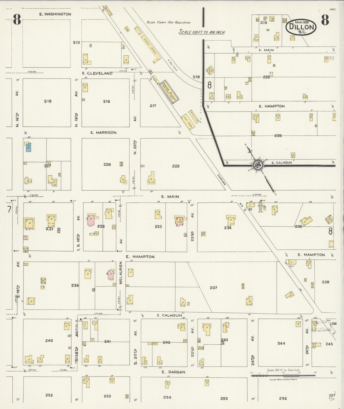 Sanborn Fire Insurance Map from Dillon, Dillon County, South Carolina (1924), Sheet #0008 - Complete Map Set gallery image, historic Sanborn map, vintage wall art, South Carolina South Carolina