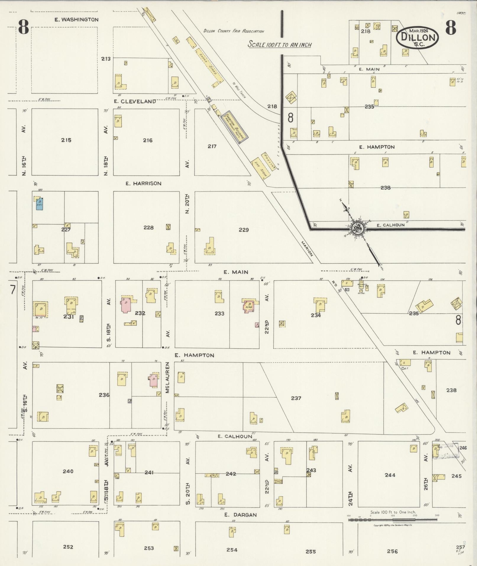 Sanborn Fire Insurance Map from Dillon, Dillon County, South Carolina (1924), Sheet #0008 - Complete Map Set gallery image, historic Sanborn map, vintage wall art, South Carolina South Carolina