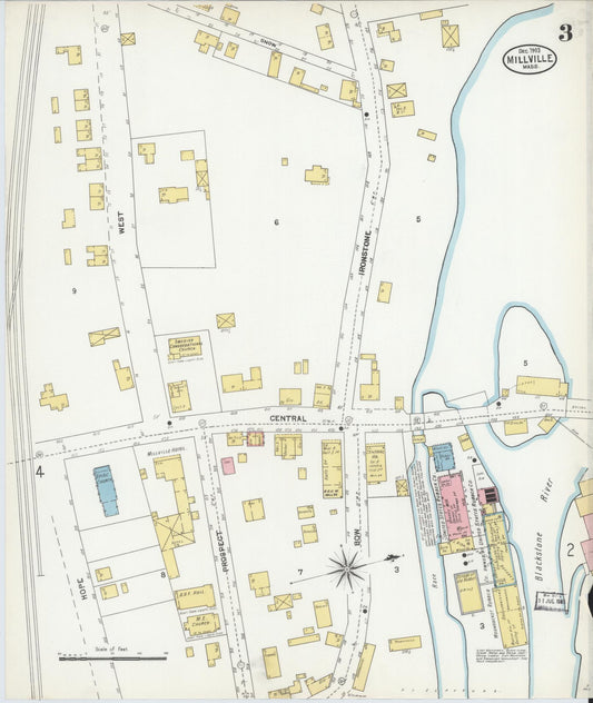 Sanborn Fire Insurance Map from Millville, Worcester County, Massachusetts (1903), Sheet #0003 - Historic Sanborn Fire Insurance Map Print, vintage old map wall art, antique decor, genealogy gift, Massachusetts Massachusetts map