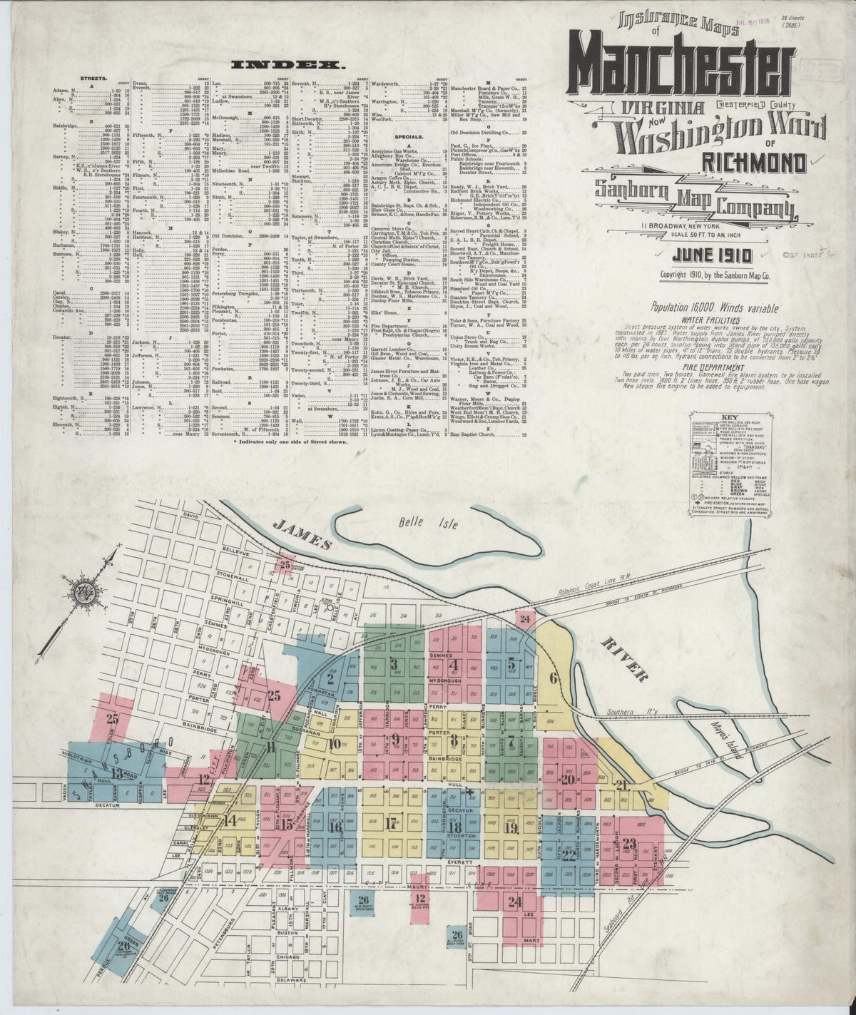 Sanborn Fire Insurance Map from Manchester, Chesterfield County, Virginia (1910), Sheet #0001 - Historic Sanborn Fire Insurance Map Print, vintage old map wall art, antique decor, genealogy gift, Virginia Virginia map