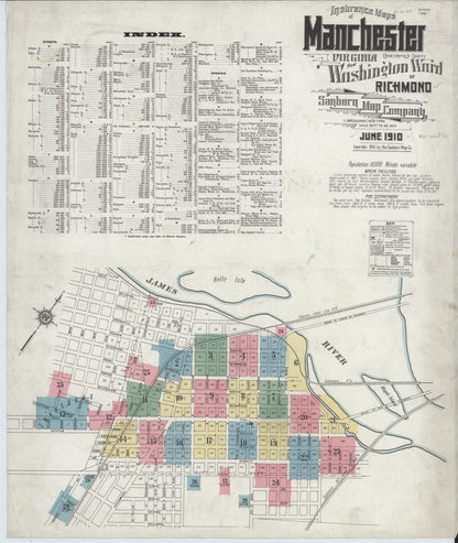 Sanborn Fire Insurance Map from Manchester, Chesterfield County, Virginia (1910), Sheet #0001 - Historic Sanborn Fire Insurance Map Print, vintage old map wall art, antique decor, genealogy gift, Virginia Virginia map