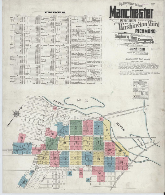 Sanborn Fire Insurance Map from Manchester, Chesterfield County, Virginia (1910), Sheet #0001 - Historic Sanborn Fire Insurance Map Print, vintage old map wall art, antique decor, genealogy gift, Virginia Virginia map