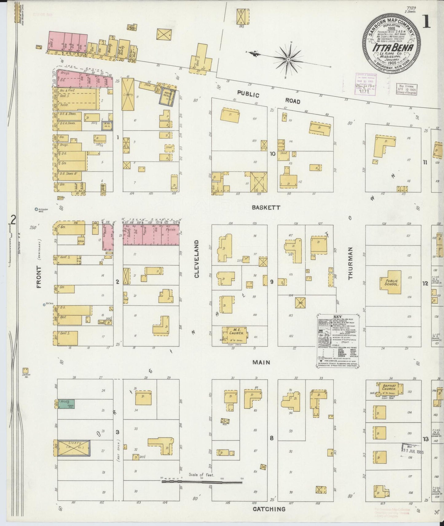 Sanborn Fire Insurance Map from Itta Bena, Leflore County, Mississippi (1905), Sheet #0001 - Complete Map Set gallery image, historic Sanborn map, vintage wall art, Mississippi Mississippi