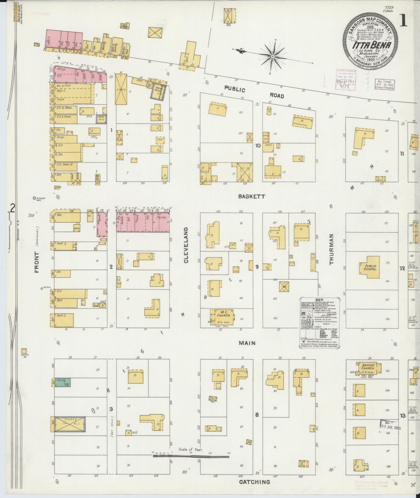 Sanborn Fire Insurance Map from Itta Bena, Leflore County, Mississippi (1905), Sheet #0001 - Complete Map Set gallery image, historic Sanborn map, vintage wall art, Mississippi Mississippi