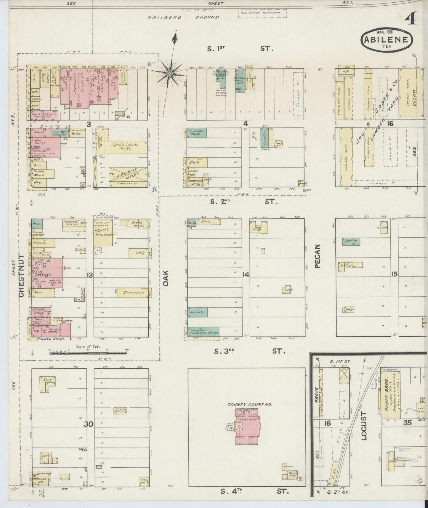 Sanborn Fire Insurance Map from Abilene, Taylor County, Texas (1891), Sheet #0004 - Historic Sanborn Fire Insurance Map Print, vintage old map wall art, antique decor, genealogy gift, Texas Texas map