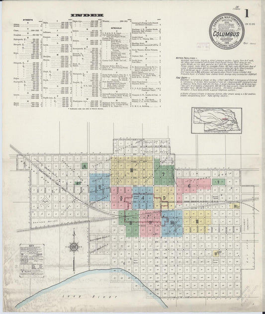Sanborn Fire Insurance Map from Columbus, Platte County, Nebraska (1914), Sheet #0001 - Historic Sanborn Fire Insurance Map Print, vintage old map wall art, antique decor, genealogy gift, Nebraska Nebraska map