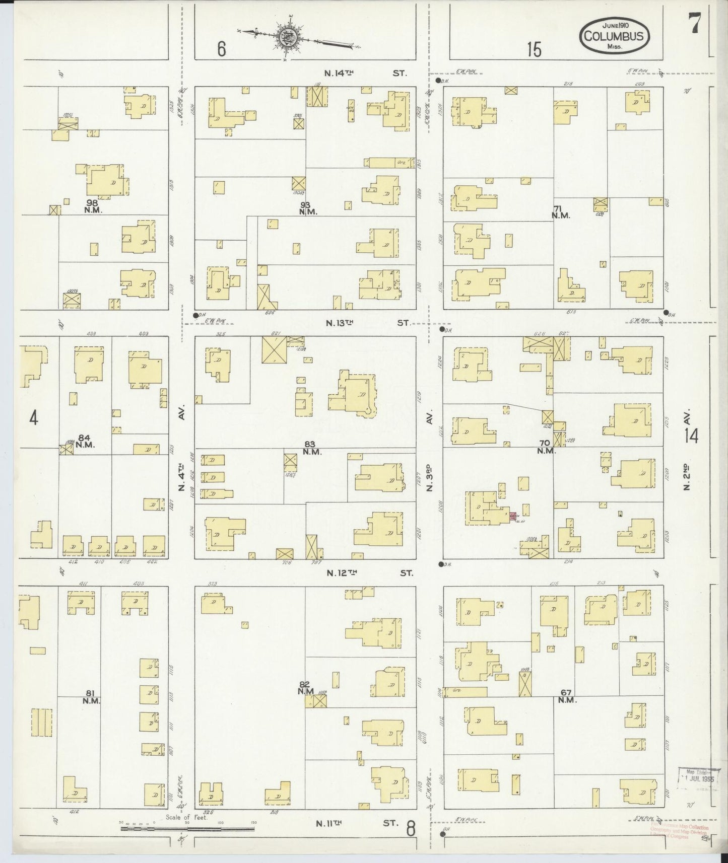 Sanborn Fire Insurance Map from Columbus, Lowndes County, Mississippi (1910), Sheet #0007 - Complete Map Set gallery image, historic Sanborn map, vintage wall art, Mississippi Mississippi