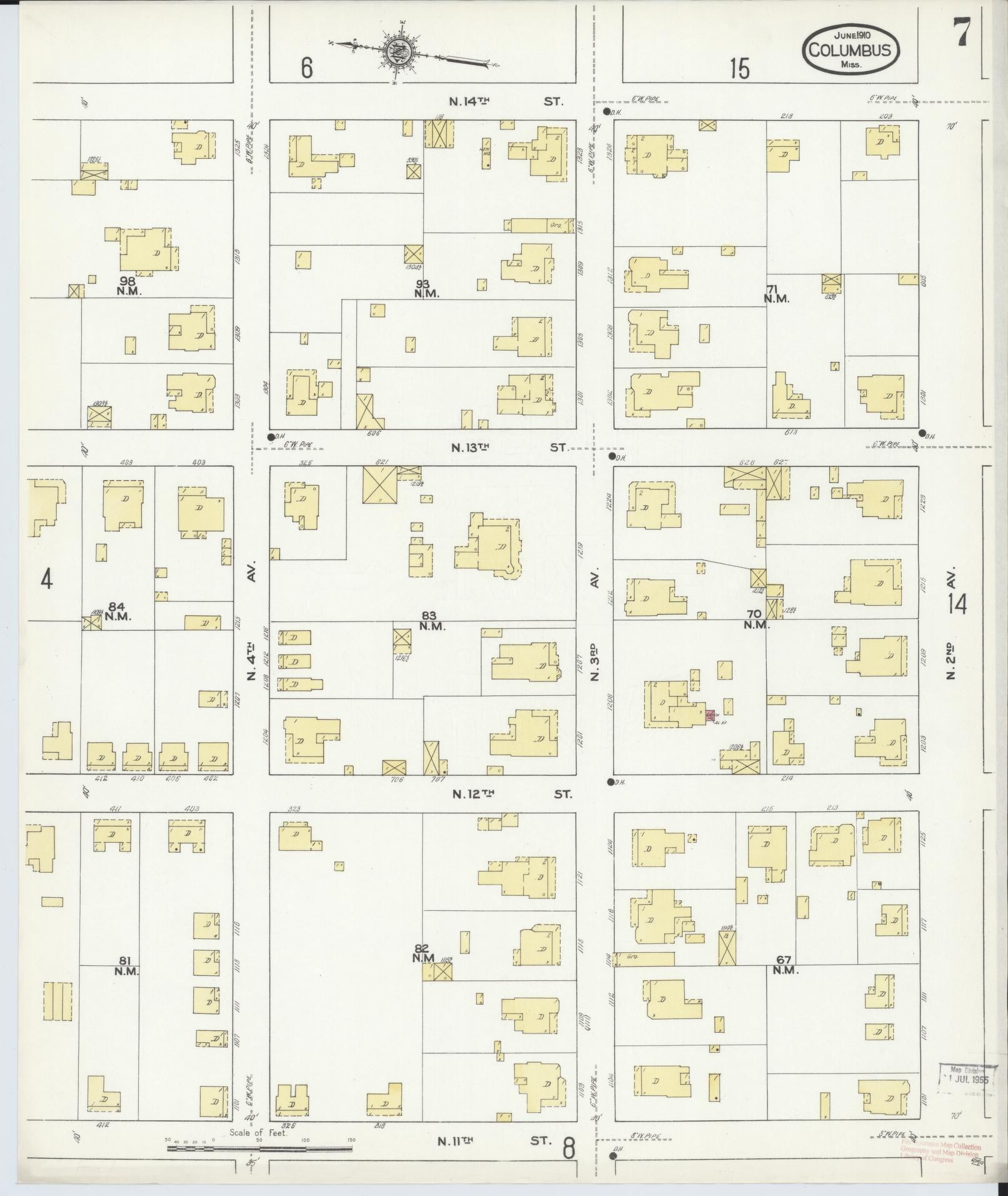 Sanborn Fire Insurance Map from Columbus, Lowndes County, Mississippi (1910), Sheet #0007 - Complete Map Set gallery image, historic Sanborn map, vintage wall art, Mississippi Mississippi
