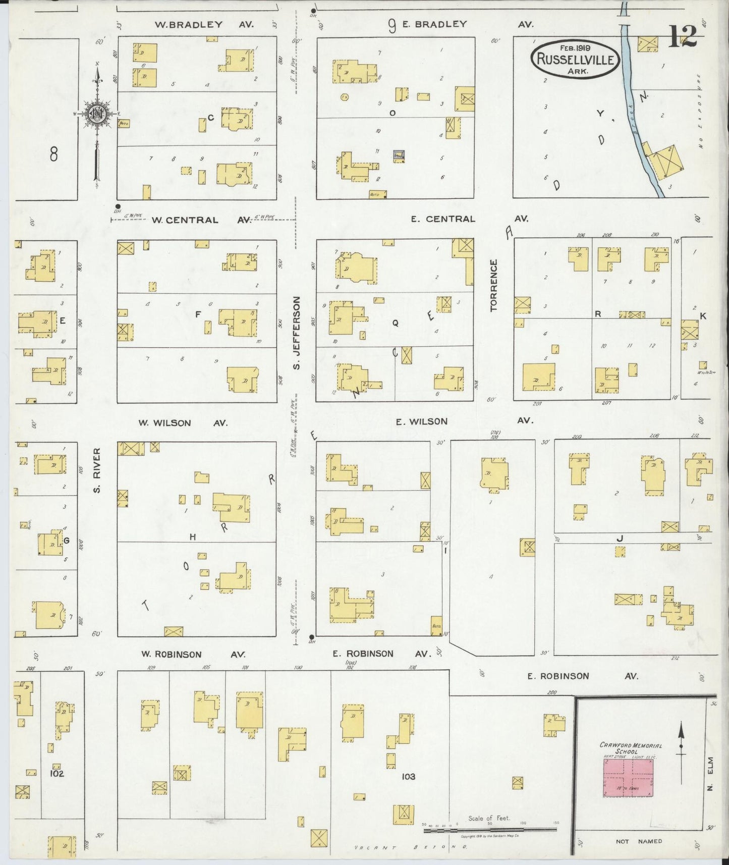 Sanborn Fire Insurance Map from Russellville, Pope County, Arkansas (1919), Sheet #0012 - Historic Sanborn Fire Insurance Map Print, vintage old map wall art, antique decor, genealogy gift, Arkansas Arkansas map