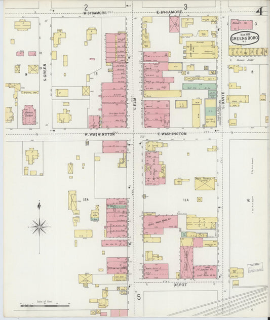 Sanborn Fire Insurance Map from Greensboro, Guilford County, North Carolina (1896), Sheet #0004 - Historic Sanborn Fire Insurance Map Print, vintage old map wall art, antique decor, genealogy gift, North Carolina North Carolina map