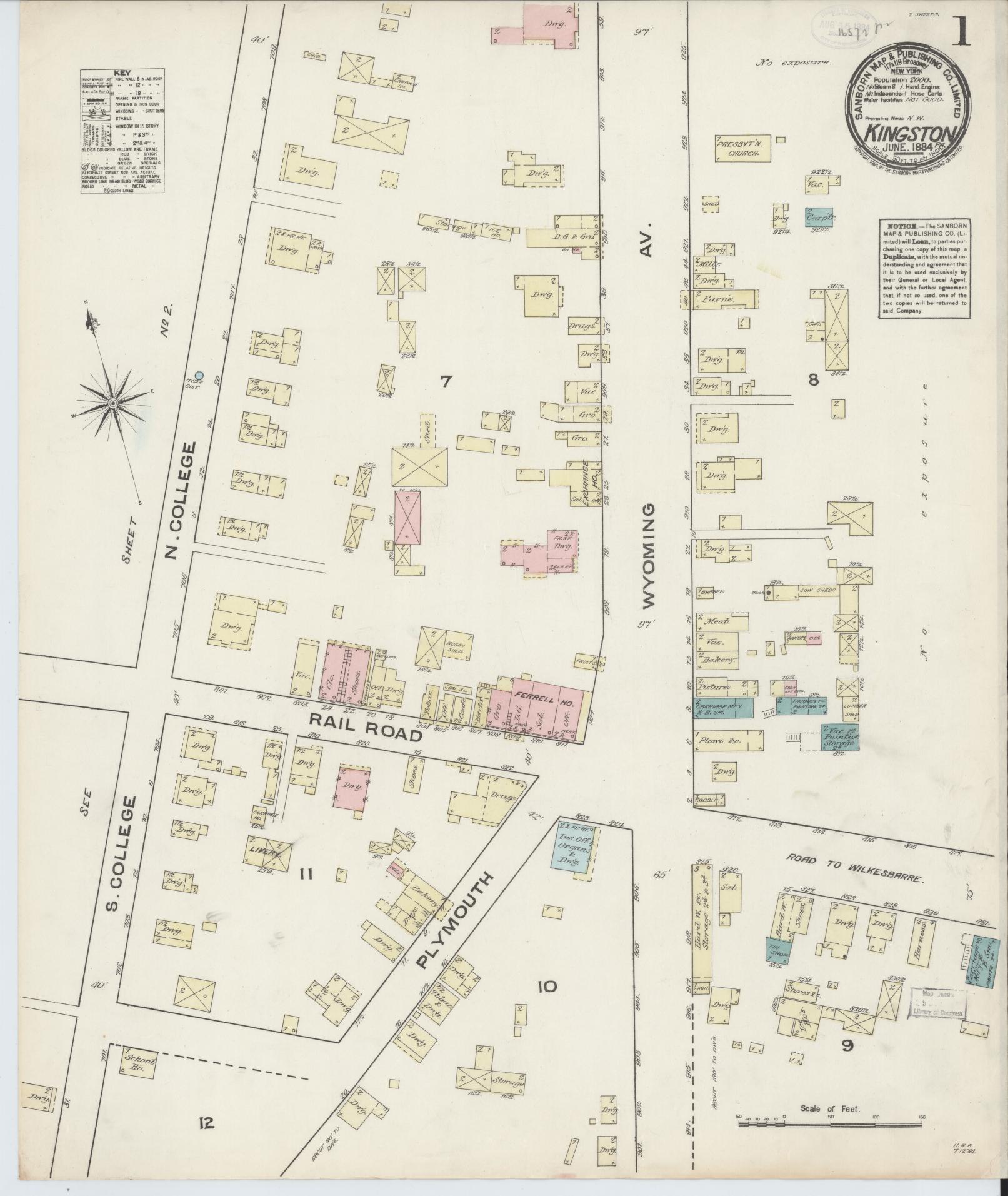 Sanborn Fire Insurance Map from Kingston, Luzerne County, Pennsylvania. (1884) – Historic Sanborn Fire Insurance Map Print