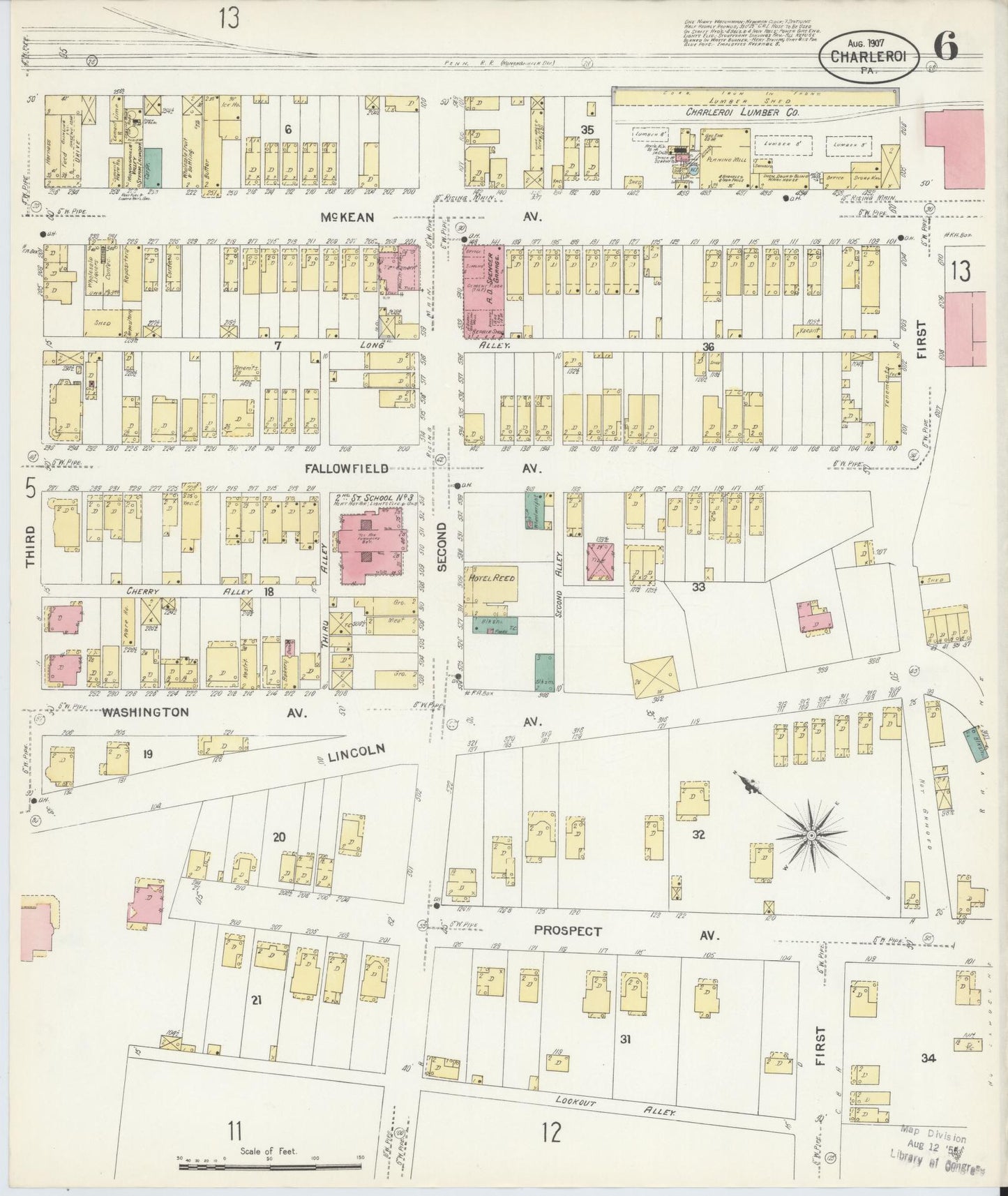 Sanborn Fire Insurance Map from Charleroi, Washington County, Pennsylvania (1907), Sheet #0006 - Historic Sanborn Fire Insurance Map Print, vintage old map wall art, antique decor, genealogy gift, Pennsylvania Pennsylvania map