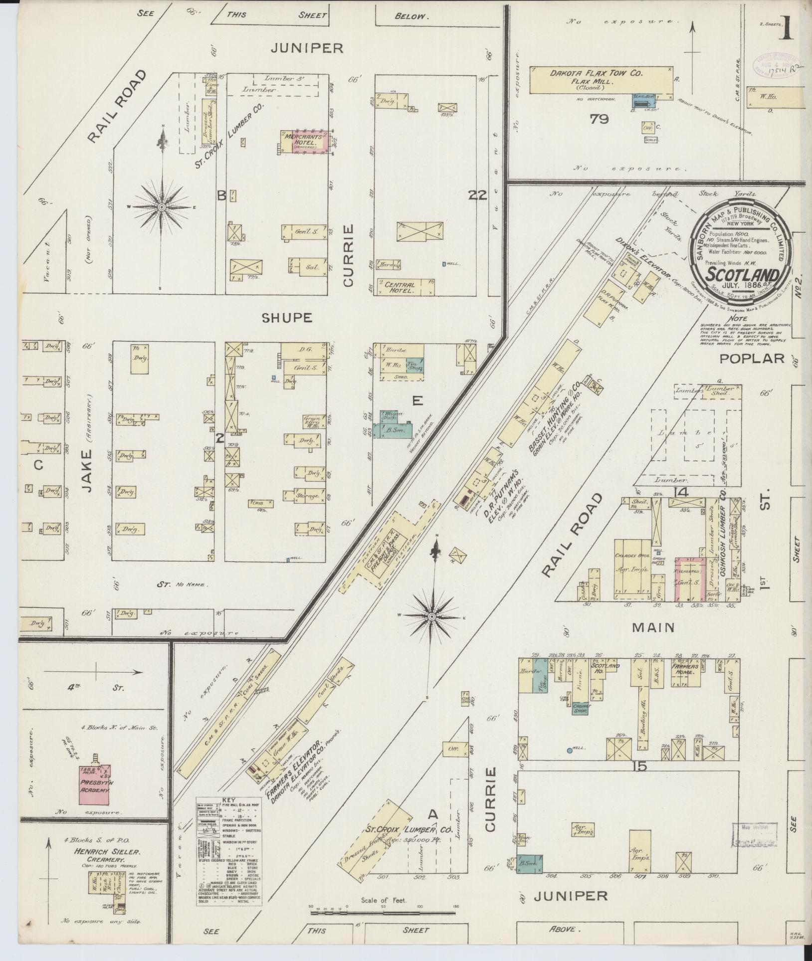 Sanborn Fire Insurance Map from Scotland, Bon Homme County, South Dakota (1886), Sheet #0001 - Complete Map Set gallery image, historic Sanborn map, vintage wall art, South Dakota South Dakota
