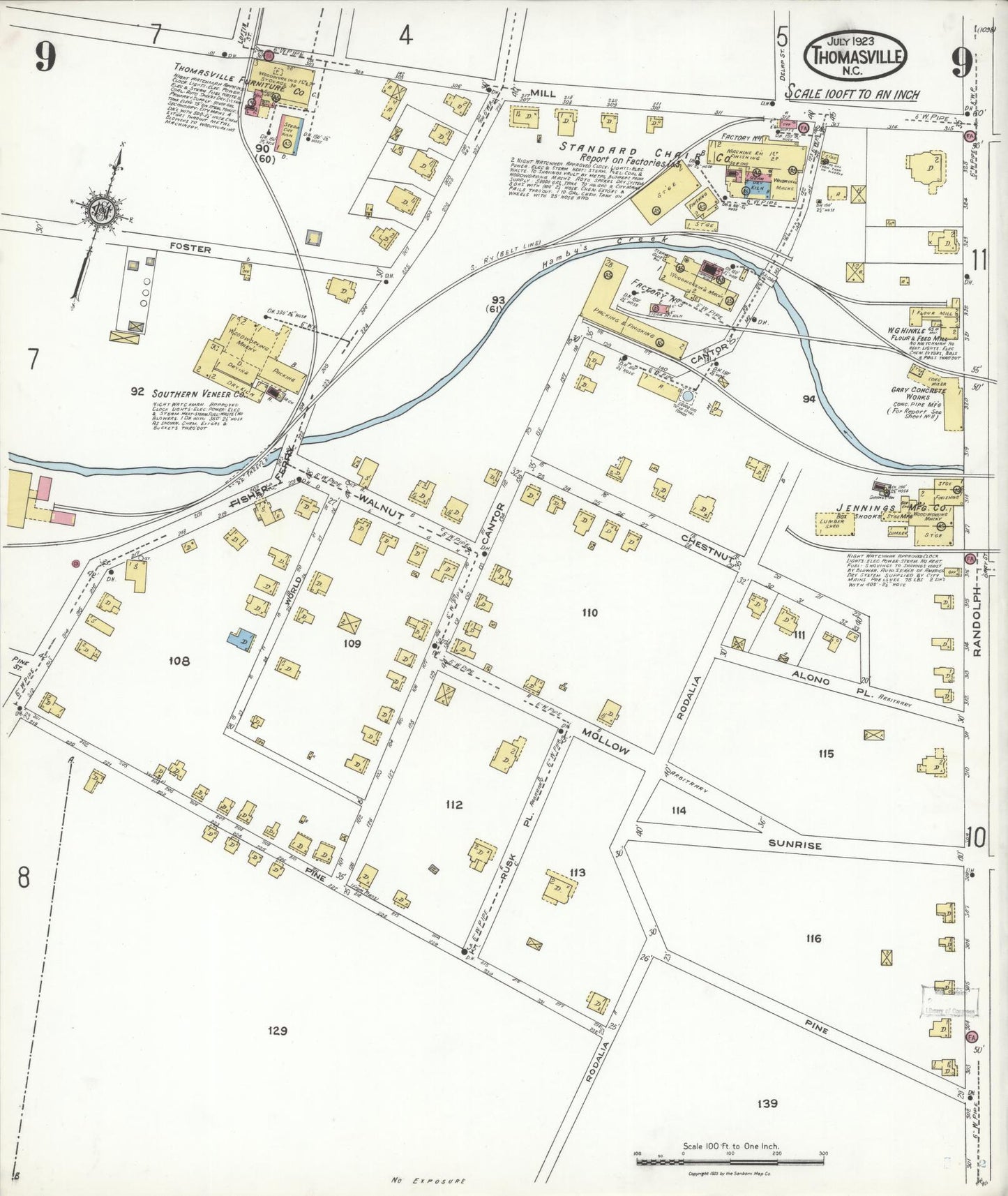 Sanborn Fire Insurance Map from Thomasville, Davidson County, North Carolina (1923), Sheet #0009 - Historic Sanborn Fire Insurance Map Print, vintage old map wall art, antique decor, genealogy gift, North Carolina North Carolina map