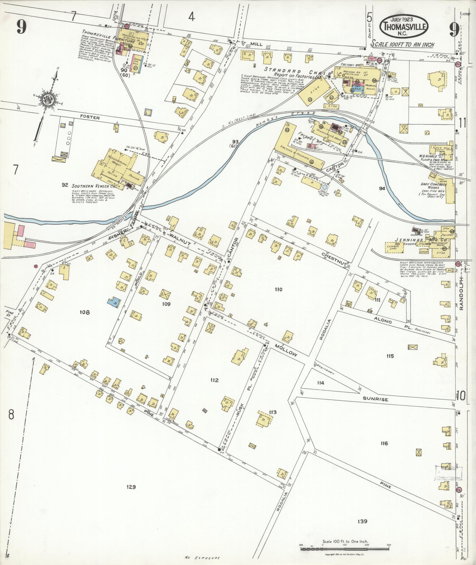 Sanborn Fire Insurance Map from Thomasville, Davidson County, North Carolina (1923), Sheet #0009 - Historic Sanborn Fire Insurance Map Print, vintage old map wall art, antique decor, genealogy gift, North Carolina North Carolina map