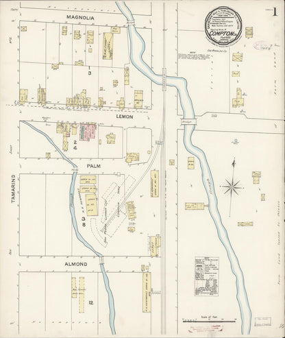 Sanborn Fire Insurance Map from Compton, Los Angeles County, California (1888), Sheet #0001 - Historic Sanborn Fire Insurance Map Print, vintage old map wall art, antique decor, genealogy gift, California California map