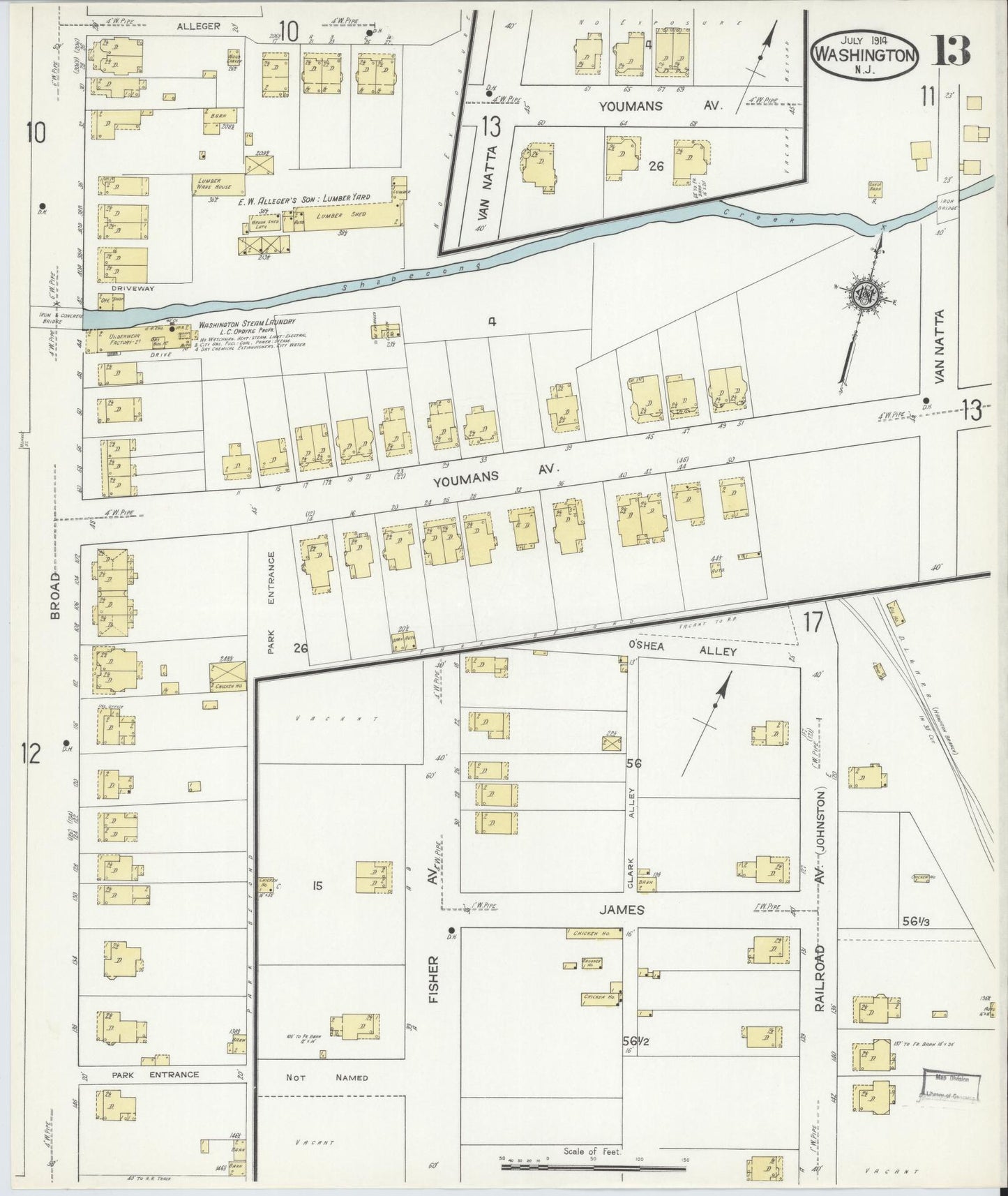 Sanborn Fire Insurance Map from Washington, Warren County, New Jersey (1914), Sheet #0013 - Historic Sanborn Fire Insurance Map Print, vintage old map wall art, antique decor, genealogy gift, Washington Washington map