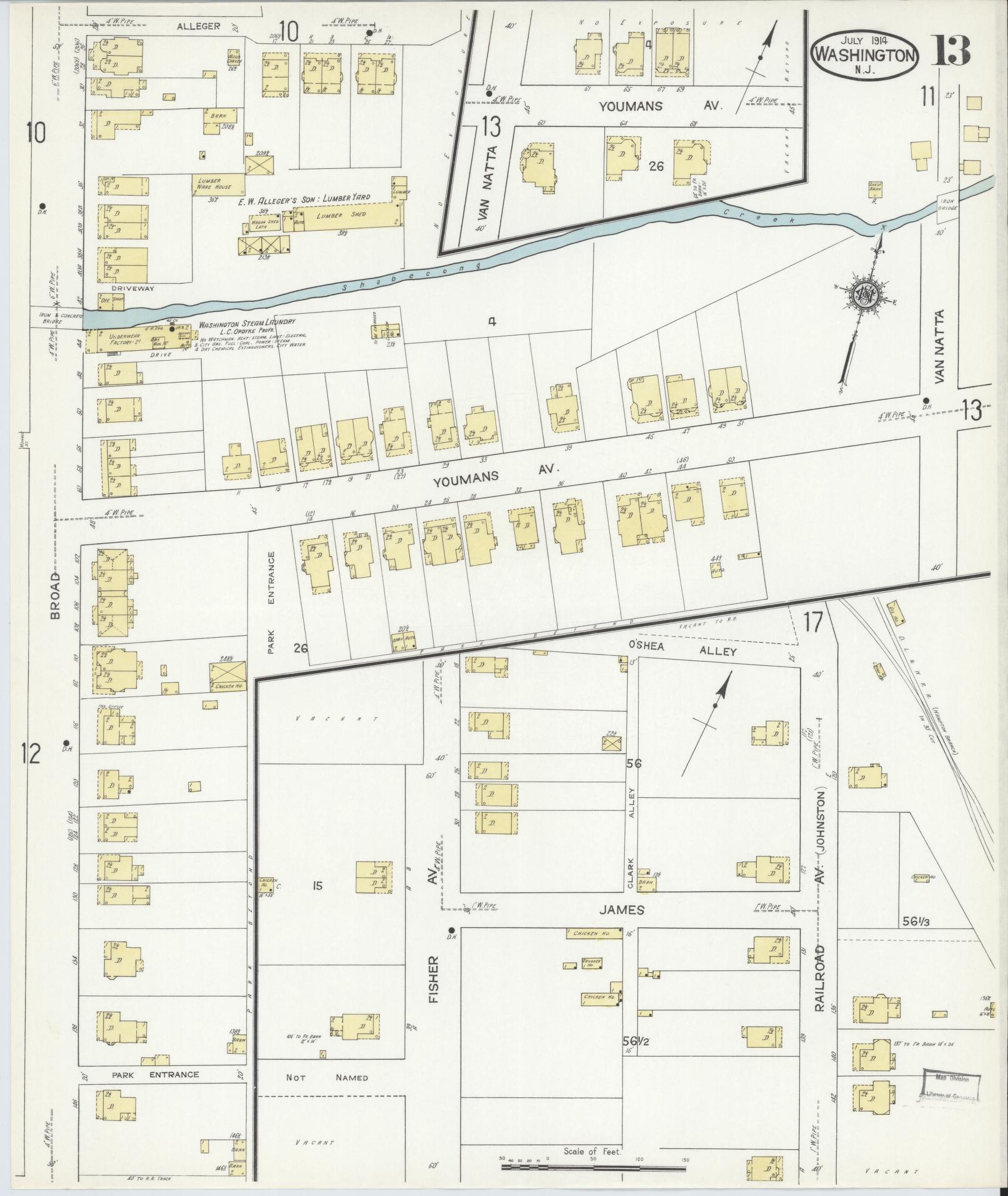 Sanborn Fire Insurance Map from Washington, Warren County, New Jersey (1914), Sheet #0013 - Historic Sanborn Fire Insurance Map Print, vintage old map wall art, antique decor, genealogy gift, Washington Washington map