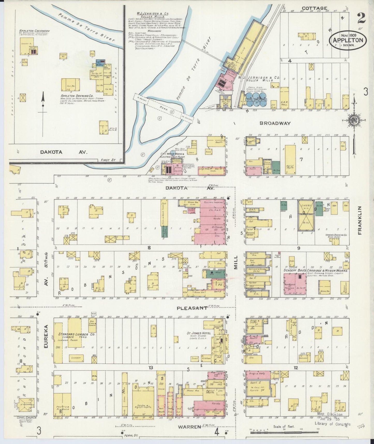 Sanborn Fire Insurance Map from Appleton, Swift County, Minnesota (1909), Sheet #0002 - Historic Sanborn Fire Insurance Map Print, vintage old map wall art, antique decor, genealogy gift, Minnesota Minnesota map