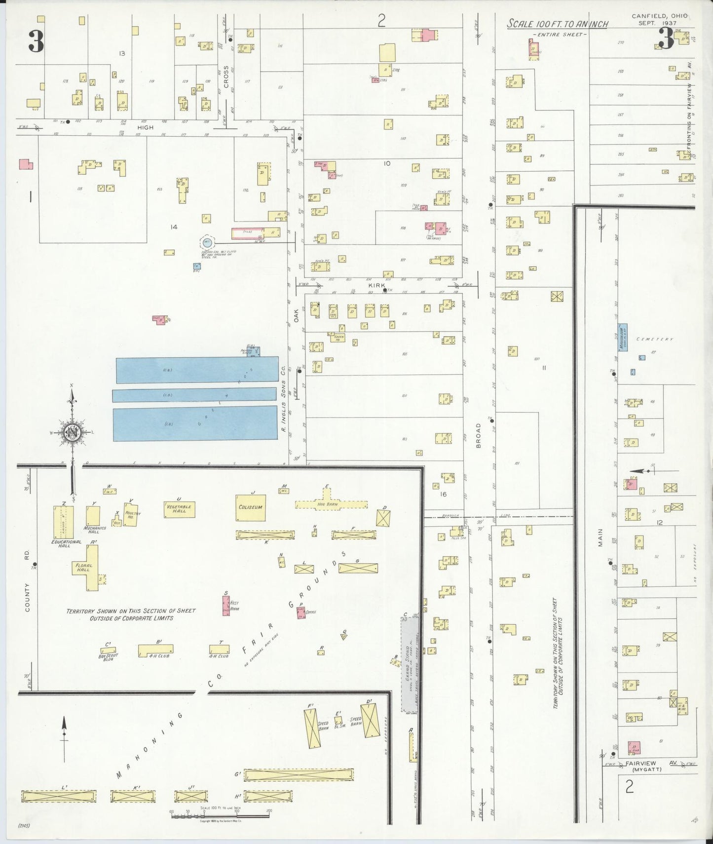 Sanborn Fire Insurance Map from Canfield, Mahoning County, Ohio (1937), Sheet #0003 - Historic Sanborn Fire Insurance Map Print, vintage old map wall art, antique decor, genealogy gift, Ohio Ohio map