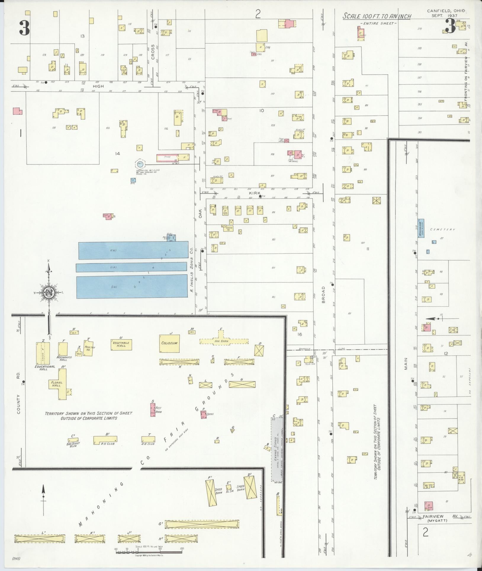 Sanborn Fire Insurance Map from Canfield, Mahoning County, Ohio (1937), Sheet #0003 - Historic Sanborn Fire Insurance Map Print, vintage old map wall art, antique decor, genealogy gift, Ohio Ohio map