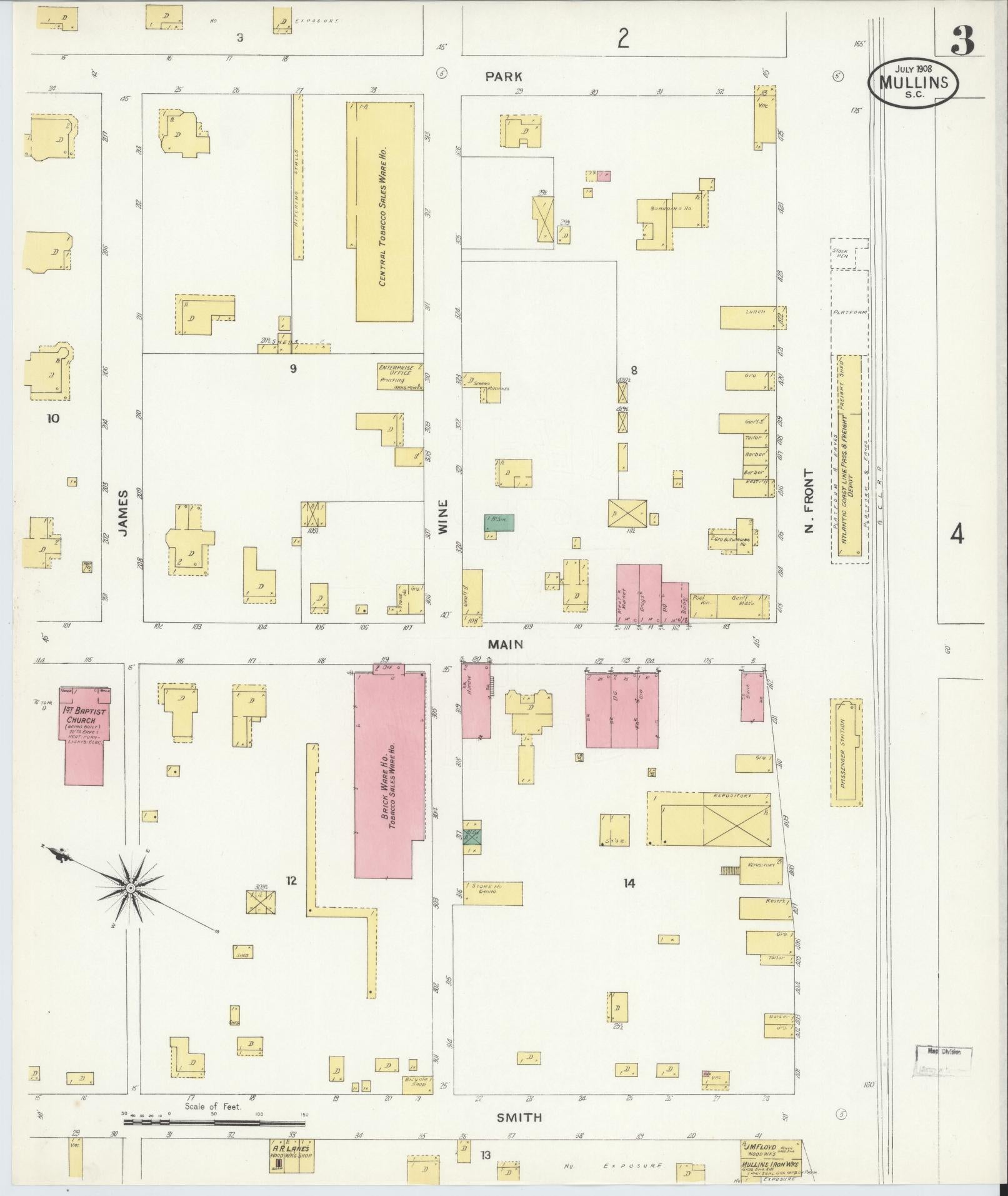 Sanborn Fire Insurance Map from Mullins, Marion County, South Carolina (1908), Sheet #0003 - Historic Sanborn Fire Insurance Map Print, vintage old map wall art, antique decor, genealogy gift, South Carolina South Carolina map