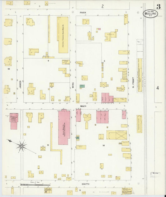 Sanborn Fire Insurance Map from Mullins, Marion County, South Carolina (1908), Sheet #0003 - Historic Sanborn Fire Insurance Map Print, vintage old map wall art, antique decor, genealogy gift, South Carolina South Carolina map
