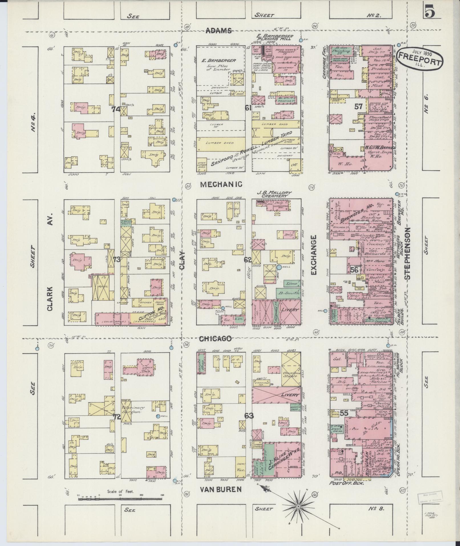Sanborn Fire Insurance Map from Freeport, Stephenson County, Illinois (1890), Sheet #0005 - Historic Sanborn Fire Insurance Map Print, vintage old map wall art, antique decor, genealogy gift, Illinois Illinois map