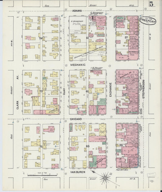 Sanborn Fire Insurance Map from Freeport, Stephenson County, Illinois (1890), Sheet #0005 - Historic Sanborn Fire Insurance Map Print, vintage old map wall art, antique decor, genealogy gift, Illinois Illinois map