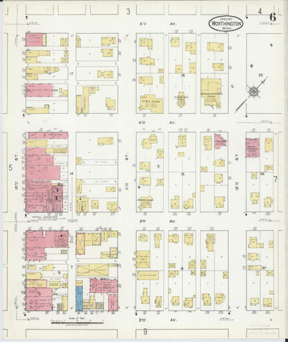 Sanborn Fire Insurance Map from Worthington, Nobles County, Minnesota (1917), Sheet #0006 - Historic Sanborn Fire Insurance Map Print, vintage old map wall art, antique decor, genealogy gift, Minnesota Minnesota map