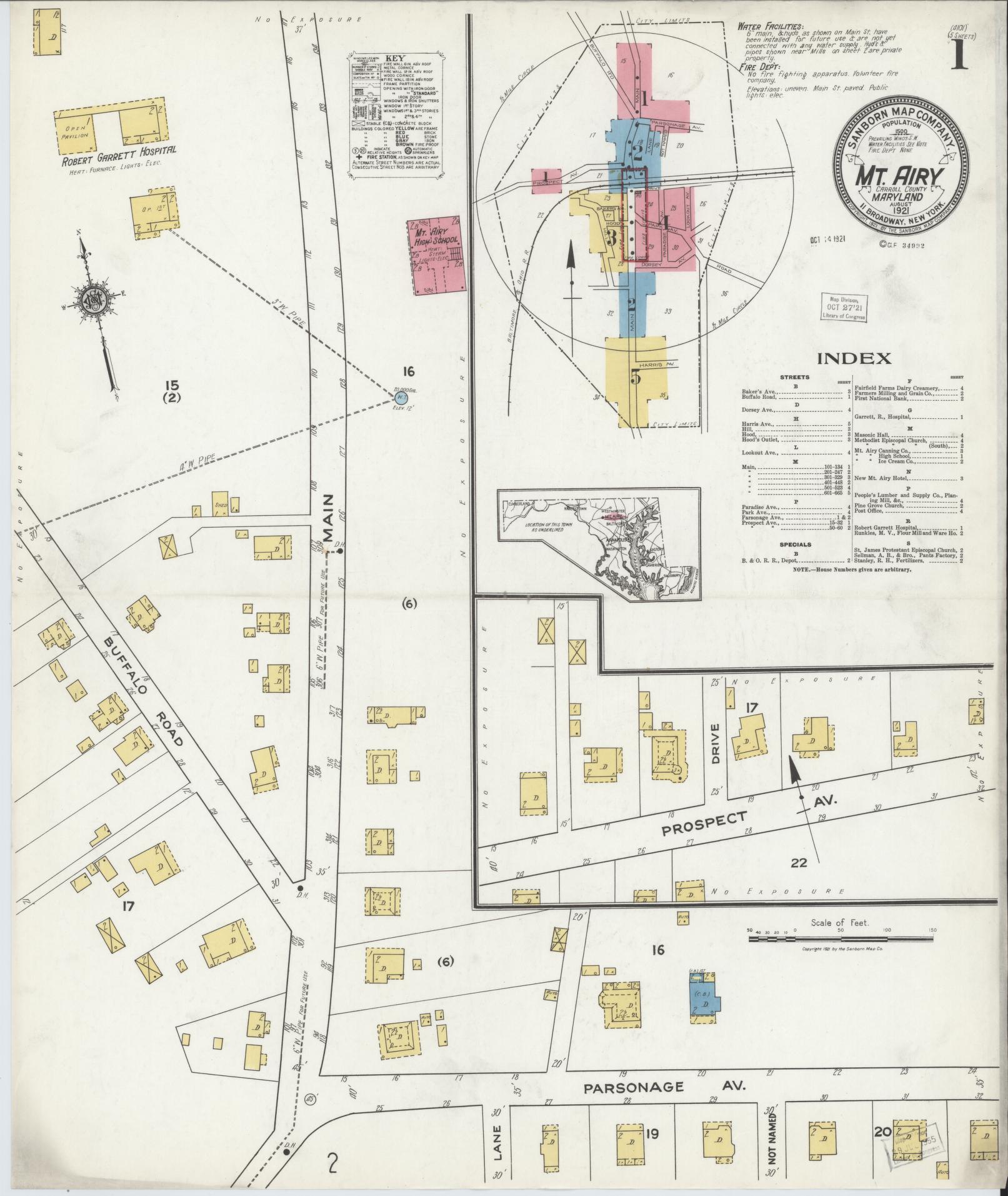Sanborn Fire Insurance Map from Mount Airy, Carroll County, Maryland (1921), Sheet #0001 - Complete Map Set gallery image, historic Sanborn map, vintage wall art, Maryland Maryland