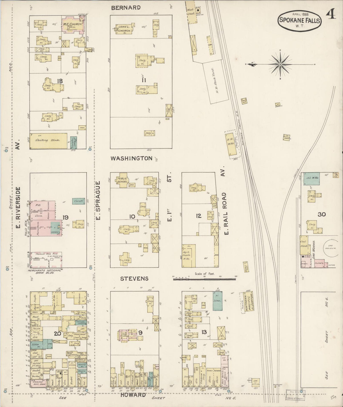 Sanborn Fire Insurance Map from Spokane, Spokane County, Washington (1888), Sheet #0004 - Historic Sanborn Fire Insurance Map Print, vintage old map wall art, antique decor, genealogy gift, Washington Washington map