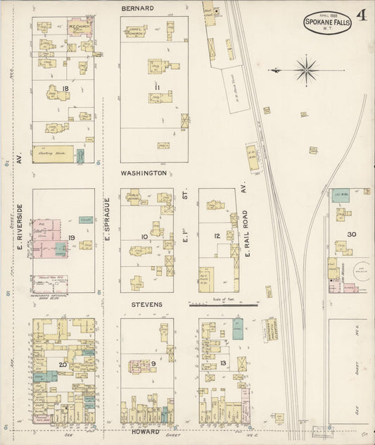 Sanborn Fire Insurance Map from Spokane, Spokane County, Washington (1888), Sheet #0004 - Historic Sanborn Fire Insurance Map Print, vintage old map wall art, antique decor, genealogy gift, Washington Washington map