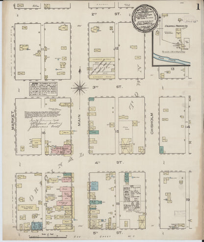 Sanborn Fire Insurance Map from Caldwell, Sumner County, Kansas (1885), Sheet #0001 - Complete Map Set gallery image, historic Sanborn map, vintage wall art, Kansas Kansas
