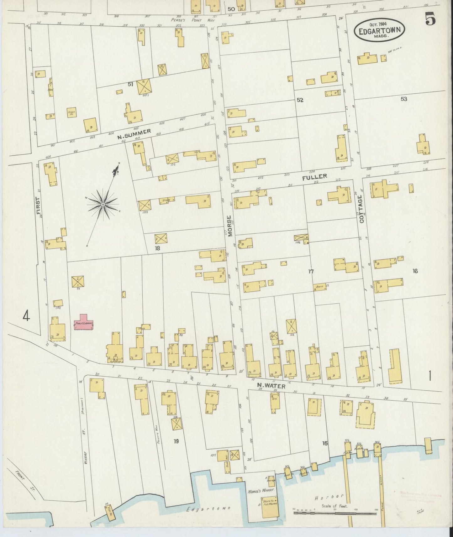 Sanborn Fire Insurance Map from Edgartown, Dukes County, Massachusetts (1904), Sheet #0005 - Historic Sanborn Fire Insurance Map Print, vintage old map wall art, antique decor, genealogy gift, Massachusetts Massachusetts map