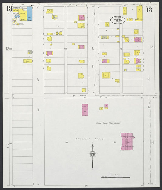 Sanborn Fire Insurance Map from Yuma, Yuma County, Arizona (1927), Sheet #0013 - Historic Sanborn Fire Insurance Map Print, vintage old map wall art, antique decor, genealogy gift, Arizona Arizona map