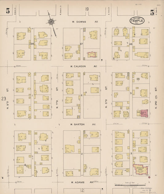 Sanborn Fire Insurance Map from Temple, Bell County, Texas (1922), Sheet #0005 - Historic Sanborn Fire Insurance Map Print, vintage old map wall art, antique decor, genealogy gift, Texas Texas map