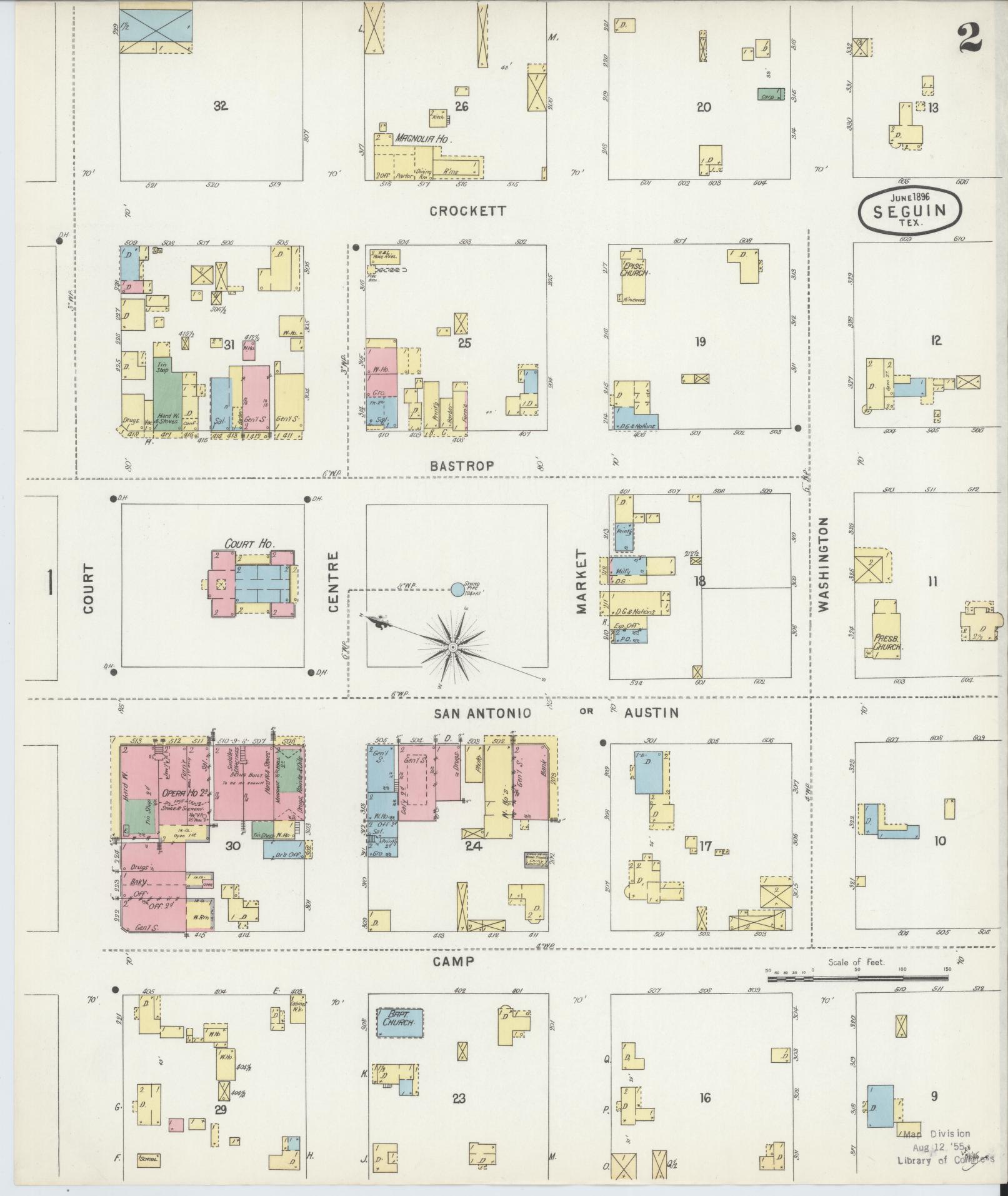 Sanborn Fire Insurance Map from Seguin, Guadalupe County, Texas (1896), Sheet #0002 - Historic Sanborn Fire Insurance Map Print, vintage old map wall art, antique decor, genealogy gift, Texas Texas map