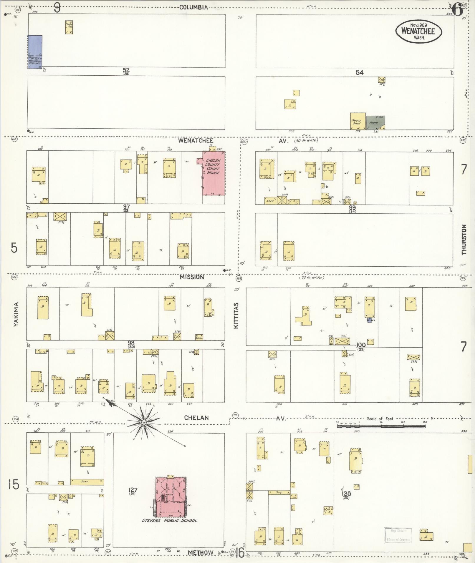 Sanborn Fire Insurance Map from Wenatchee, Chelan County, Washington (1909), Sheet #0006 - Complete Map Set gallery image, historic Sanborn map, vintage wall art, Washington Washington