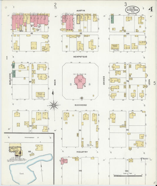 Sanborn Fire Insurance Map from Giddings, Lee County, Texas (1906), Sheet #0004 - Historic Sanborn Fire Insurance Map Print, vintage old map wall art, antique decor, genealogy gift, Texas Texas map